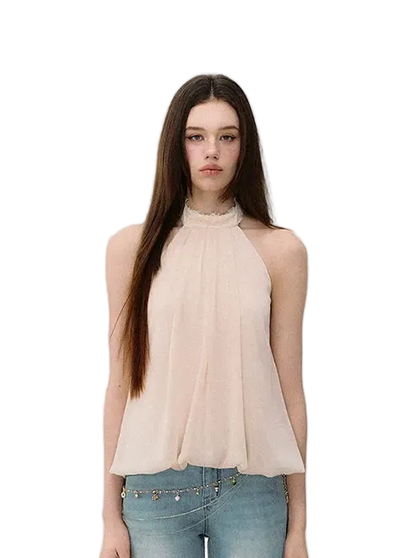 Sleeveless Chiffon Tie-Neck Waist Shirt