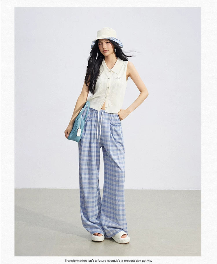 Lace Trim Plaid Wide-Leg Pants