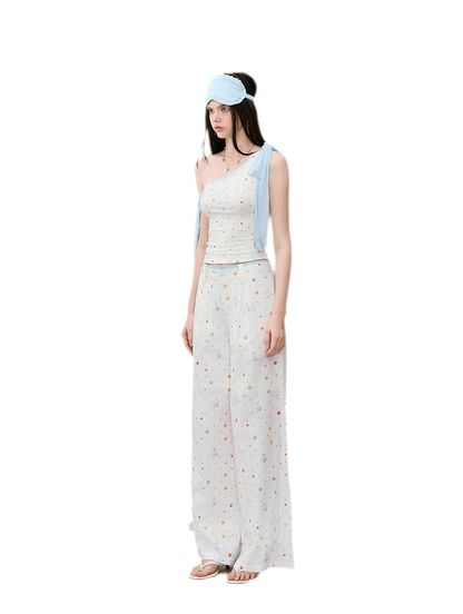 Printed Mesh One-Shoulder Tie Tank