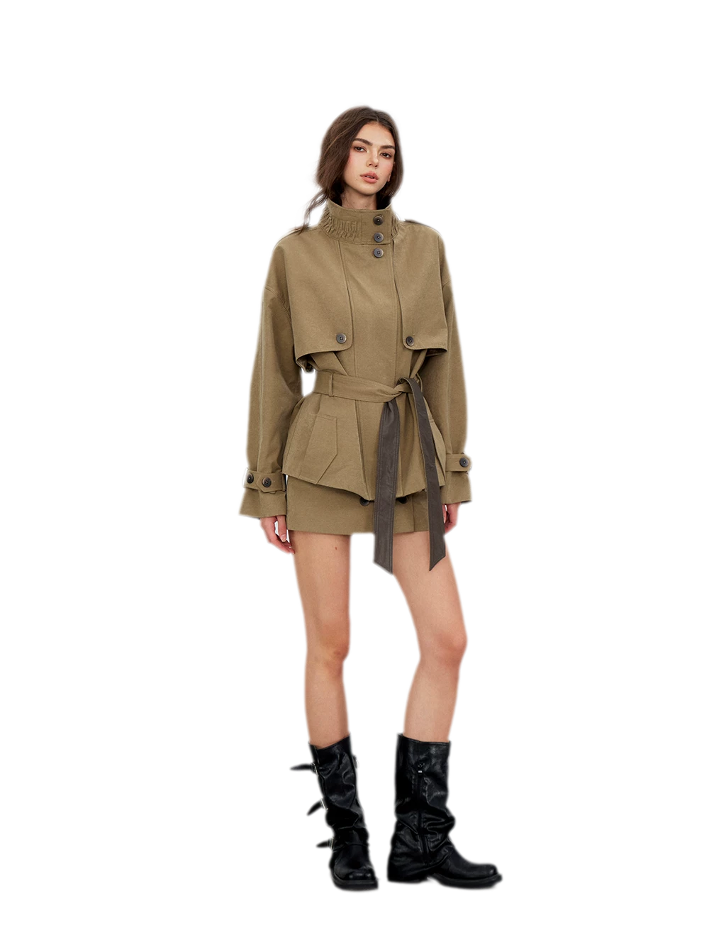 Pleated Stand-Collar Utility Jacket