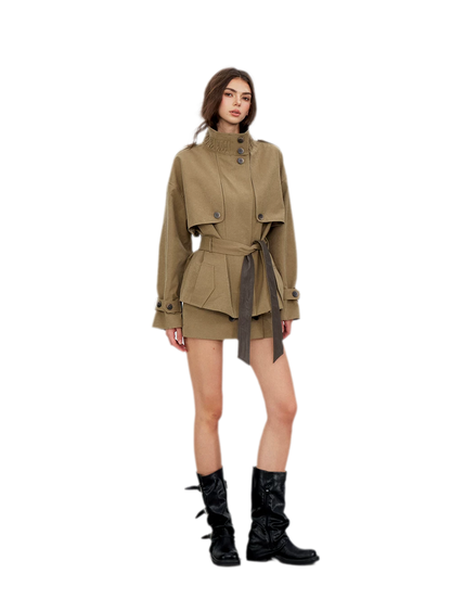 Pleated Stand-Collar Utility Jacket