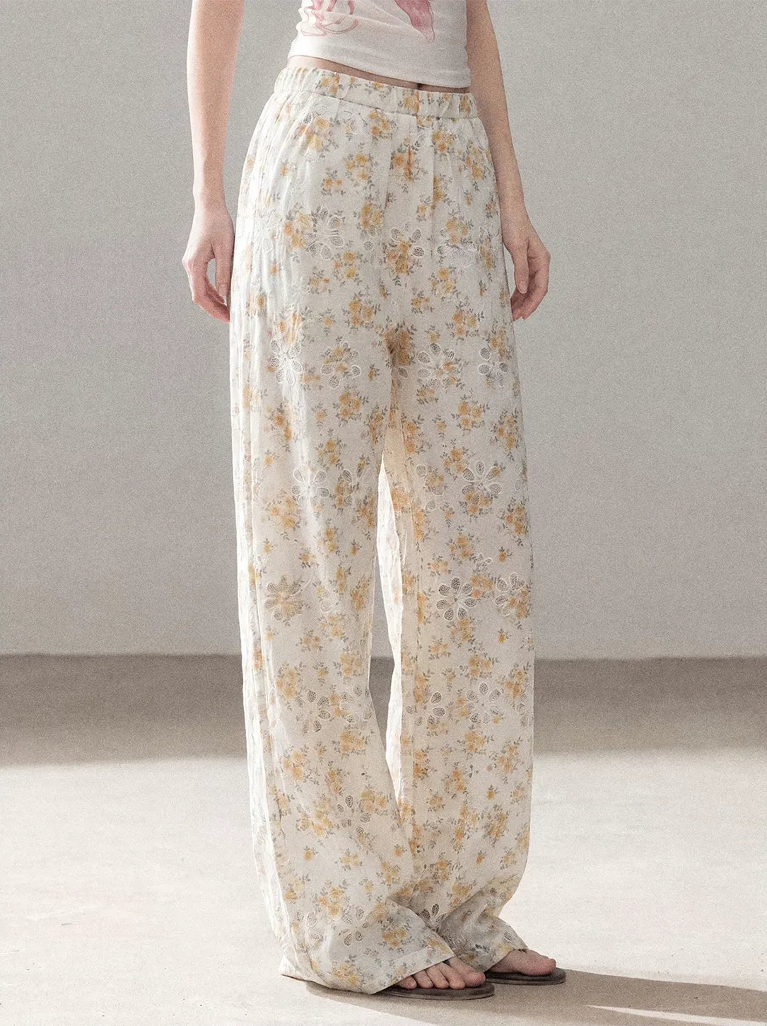 Laser-Cut Floral Wide-Leg Pants