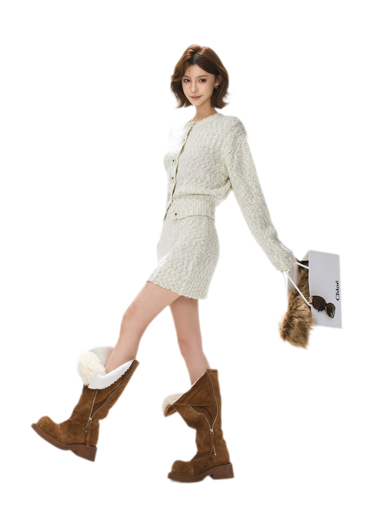 Fluffy Wool Knit Cardigan Set