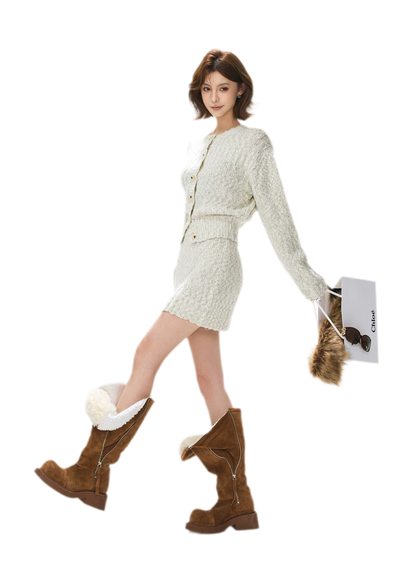 Fluffy Wool Knit Cardigan Set