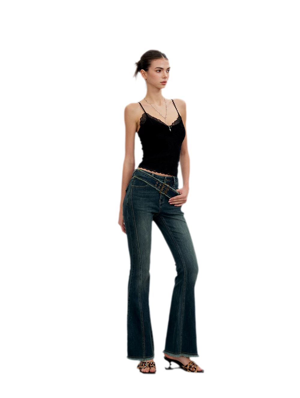 Washed Panel Flare Jeans
