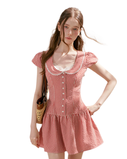 Tencel Cotton Lace Vintage Plaid Short Sleeve Dress