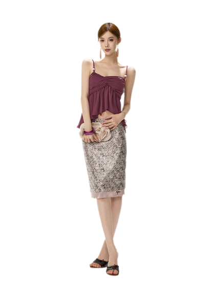 Purple Sequin Slit Skirt