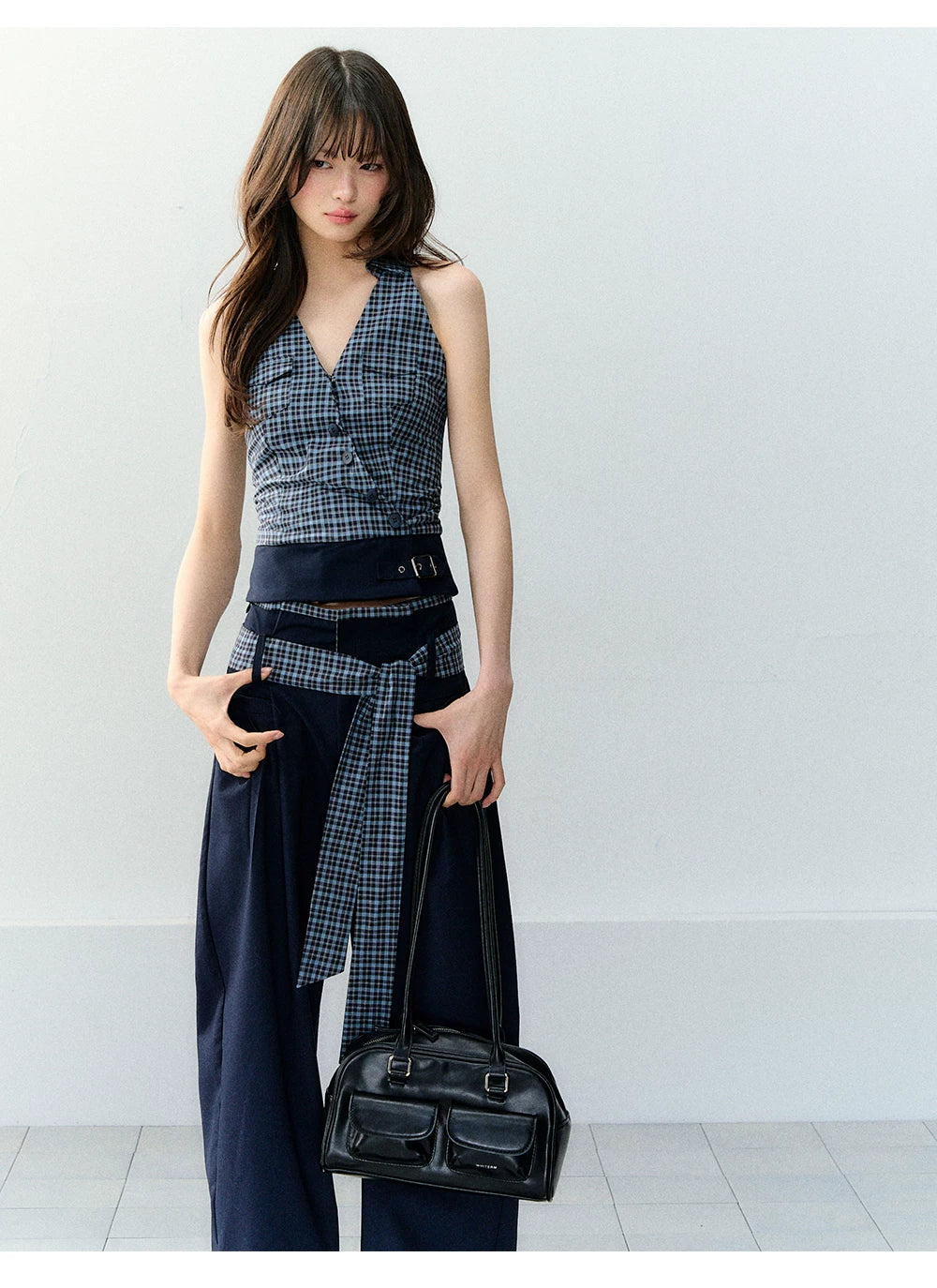 Navy Blue Plaid Two-Piece Set