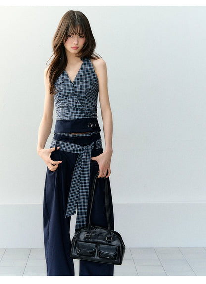 Navy Blue Plaid Two-Piece Set