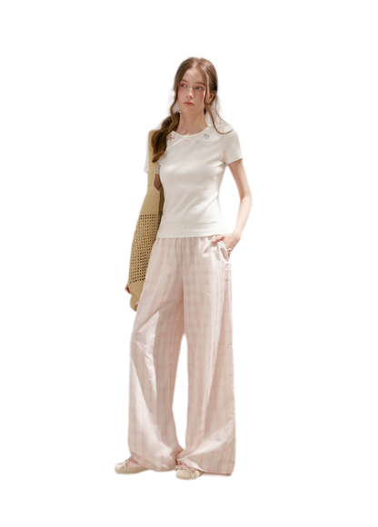 Linen Checkered High-Waist Wide-Leg Pants