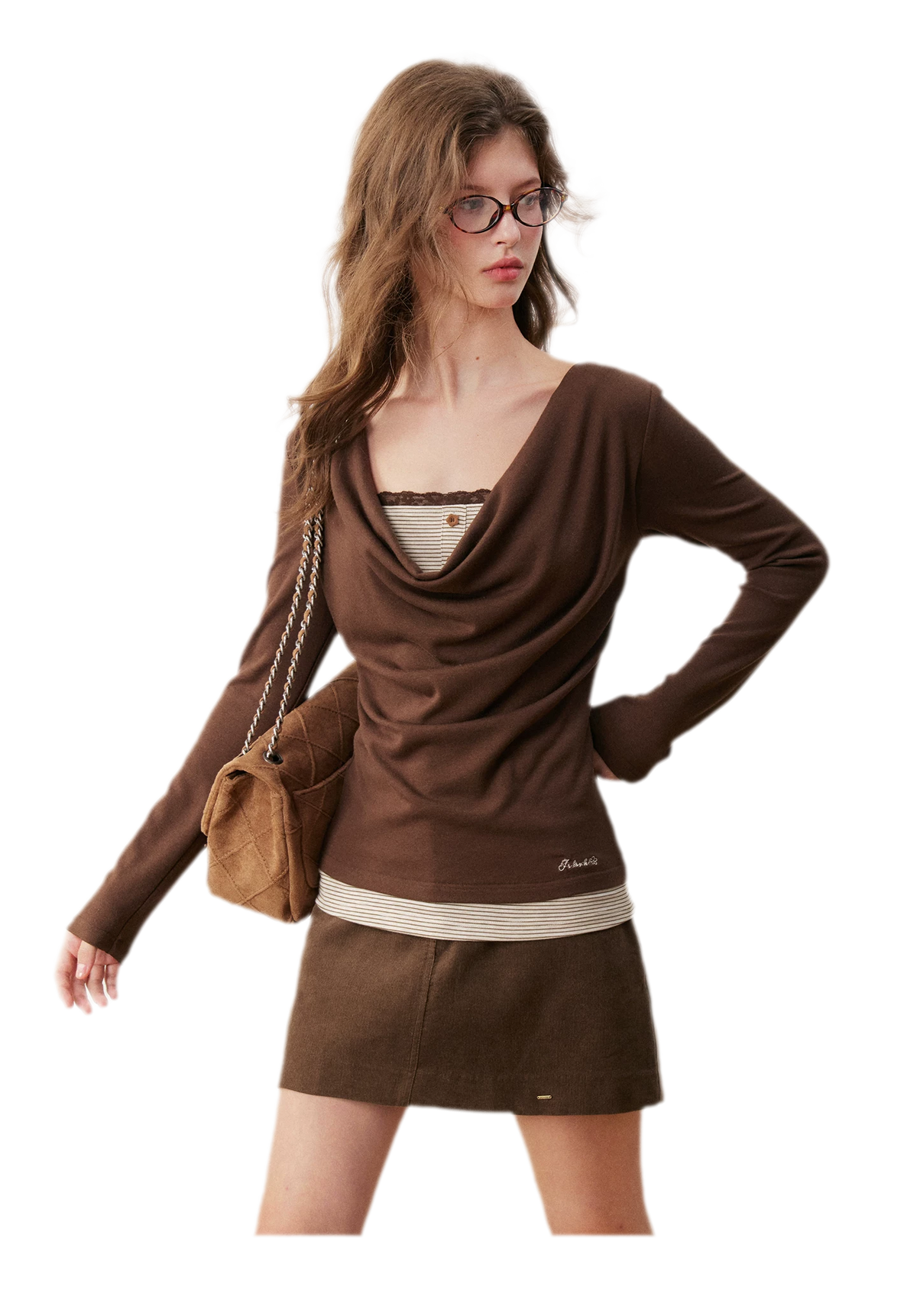 Striped Lace Cowl Neck T-Shirt