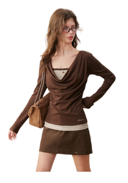 Striped Lace Cowl Neck T-Shirt