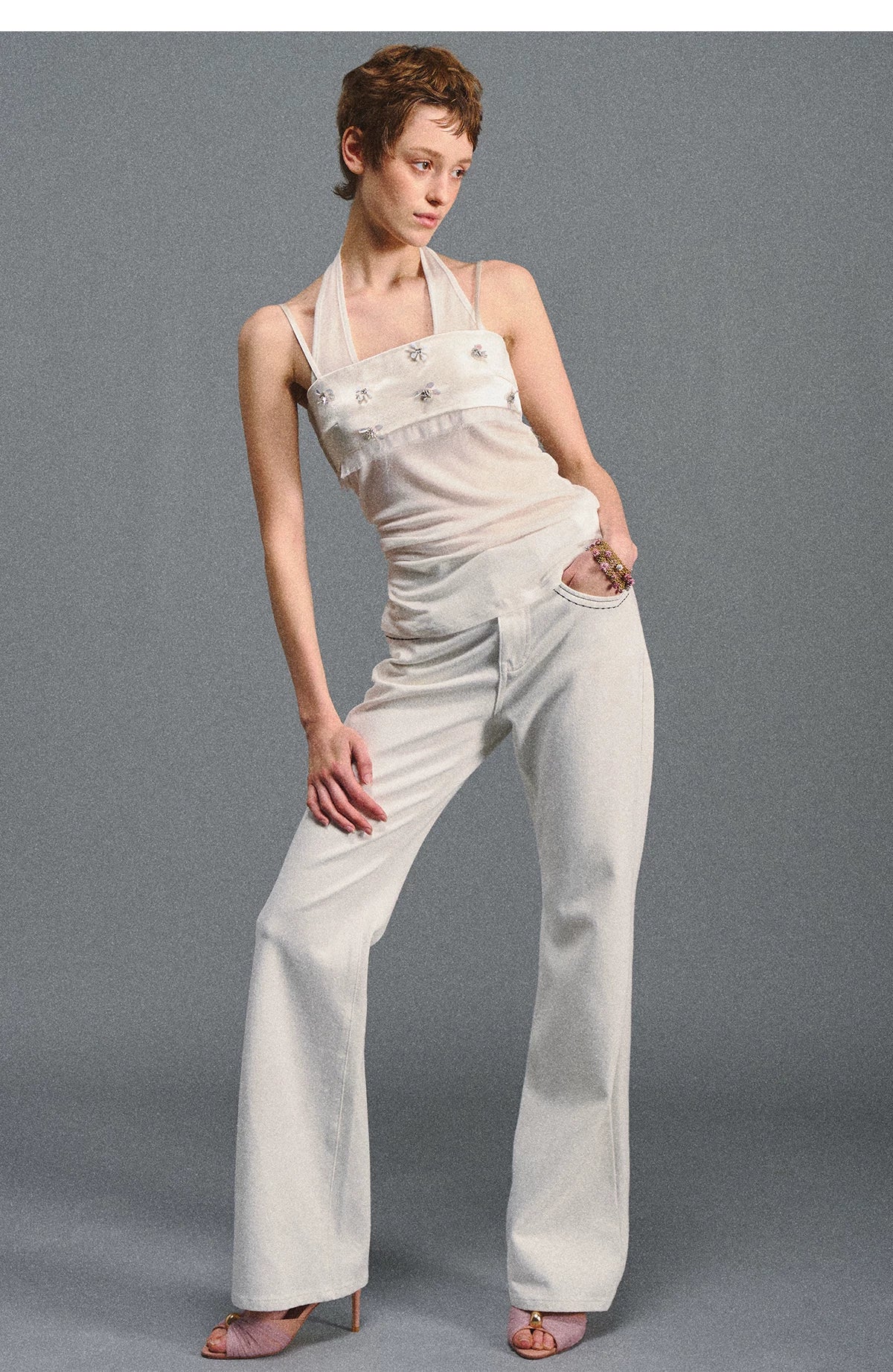 Textured White Contrast Waist Low-Rise Flared Pants