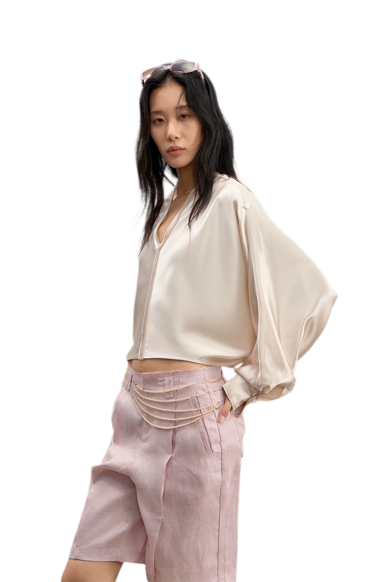 Camicia pullover corta in raso di acetato