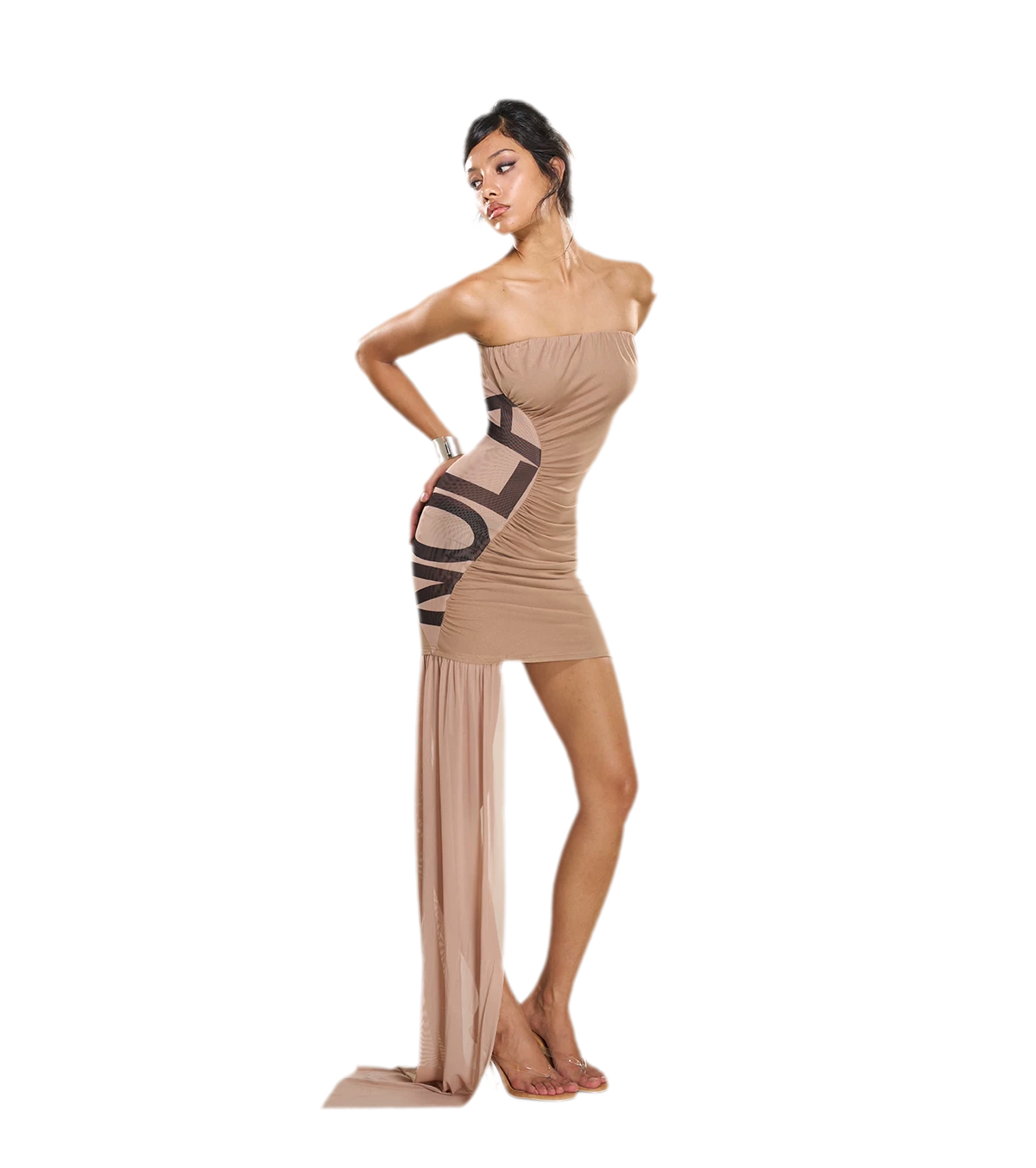 Ruched Strapless Slit Maxi Dress