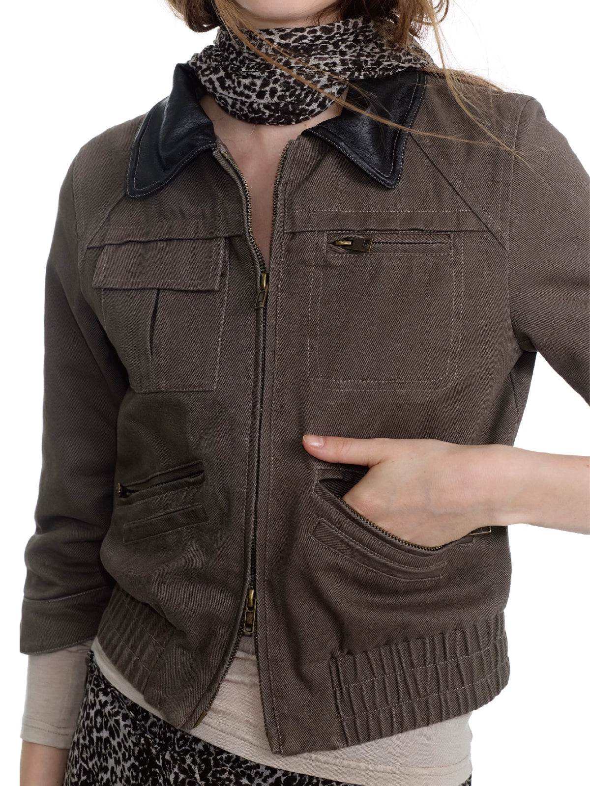 Washed Leather Cropped Cargo Jacket