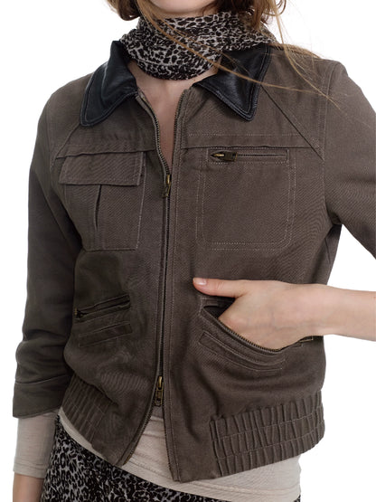 Washed Leather Cropped Cargo Jacket