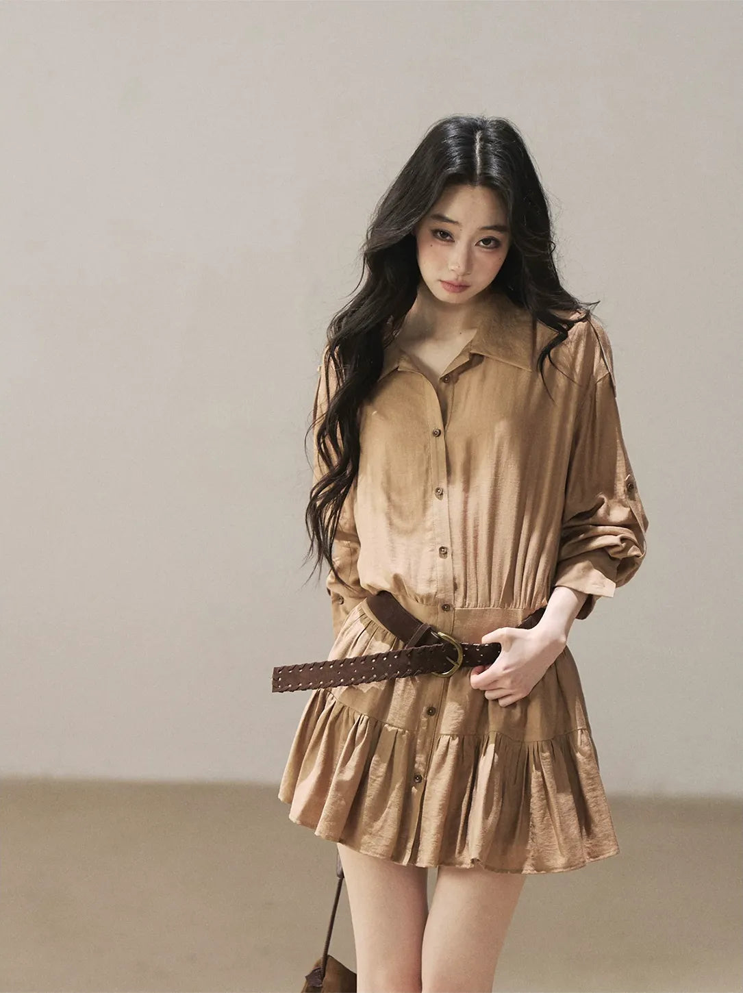 High-Waist Ruffle Shirt Dress