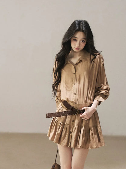 High-Waist Ruffle Shirt Dress