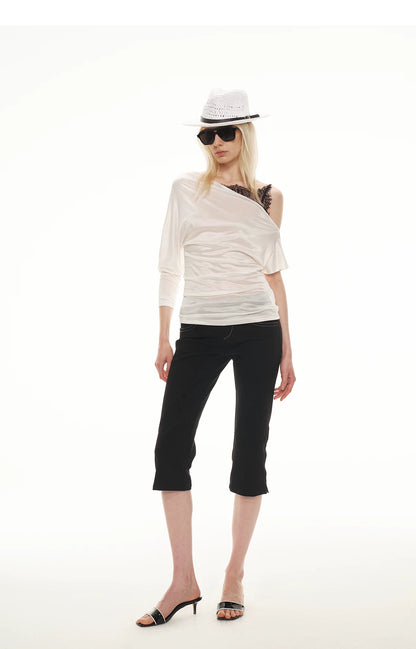 Silky Satin Texture Asymmetric Off-Shoulder Lace Trim T-Shirt