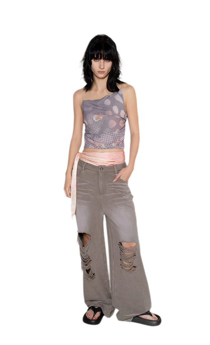 Washed Distressed Straight Pants