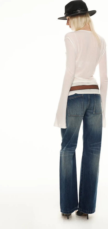 Classic Vintage Washed Distressed Wide-Leg Jeans