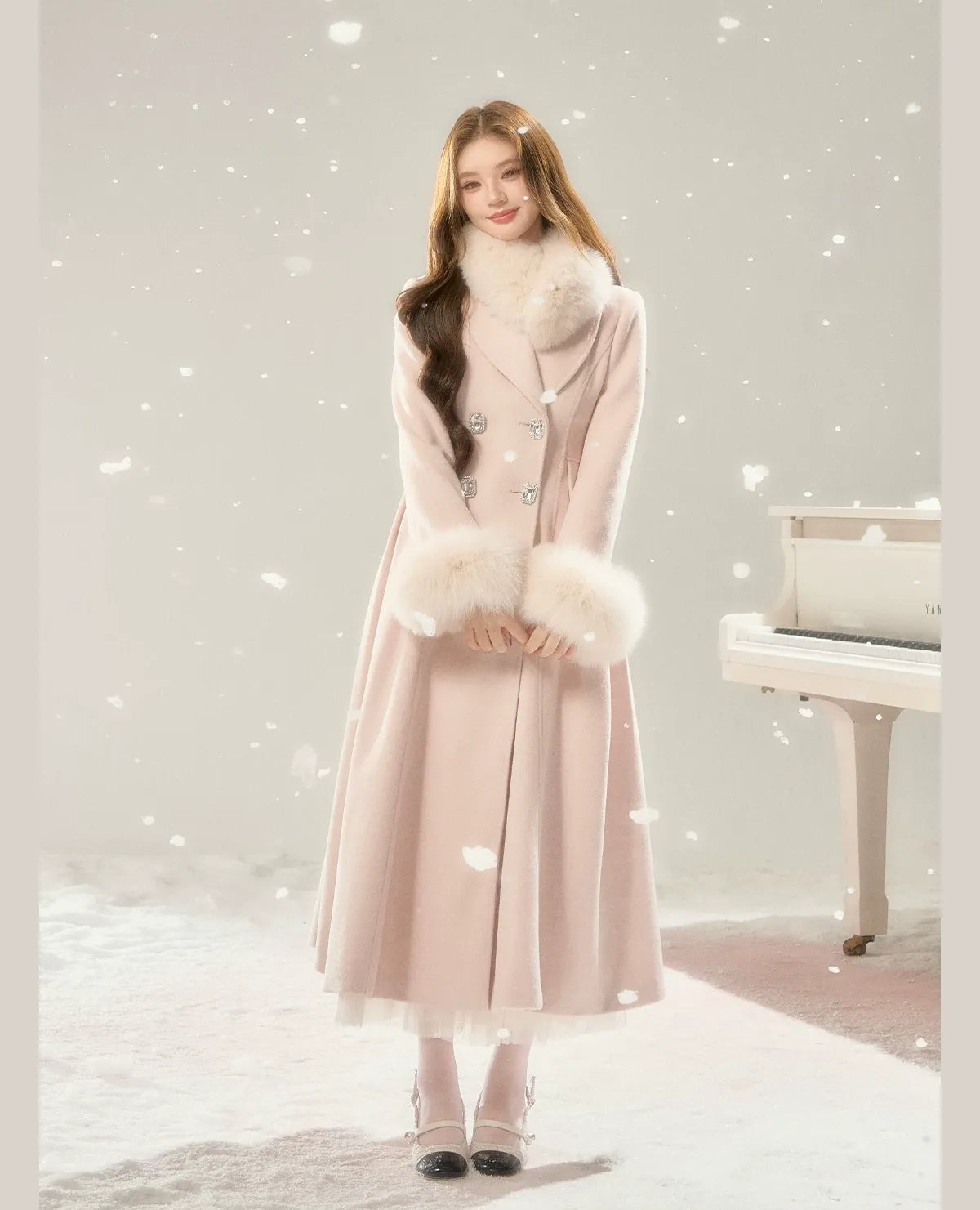 Double-Breasted Cinched Wool Blend Coat