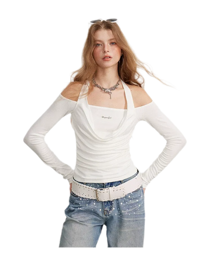 Draped Off-Shoulder Long-Sleeve Top
