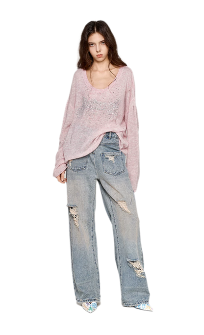 Pullover in mohair effetto consumato con strass