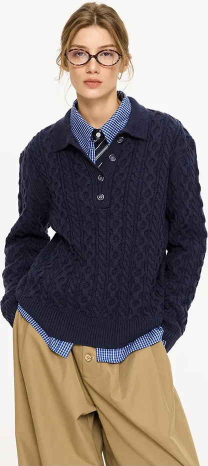 Chunky Cable Knit Polo Sweater