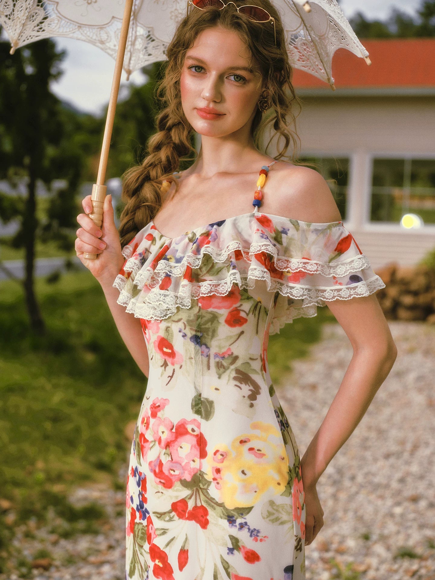 Floral Ruffle Mesh Maxi Dress