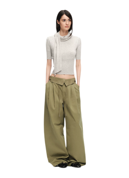Washed Cross-Waistband Wide-Leg Pants