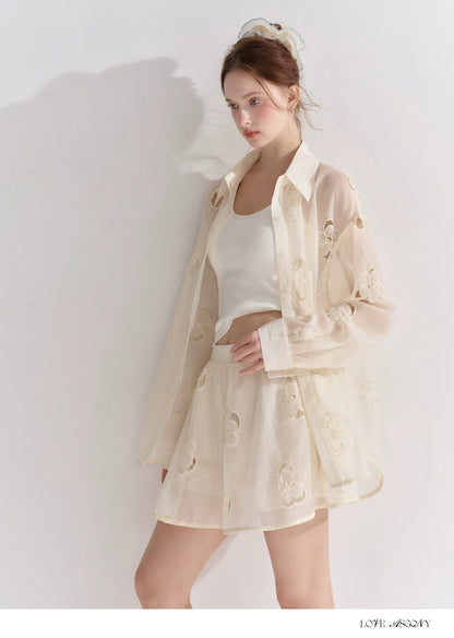 Hollow Floral Embroidered Polo Collar Two-Piece Set