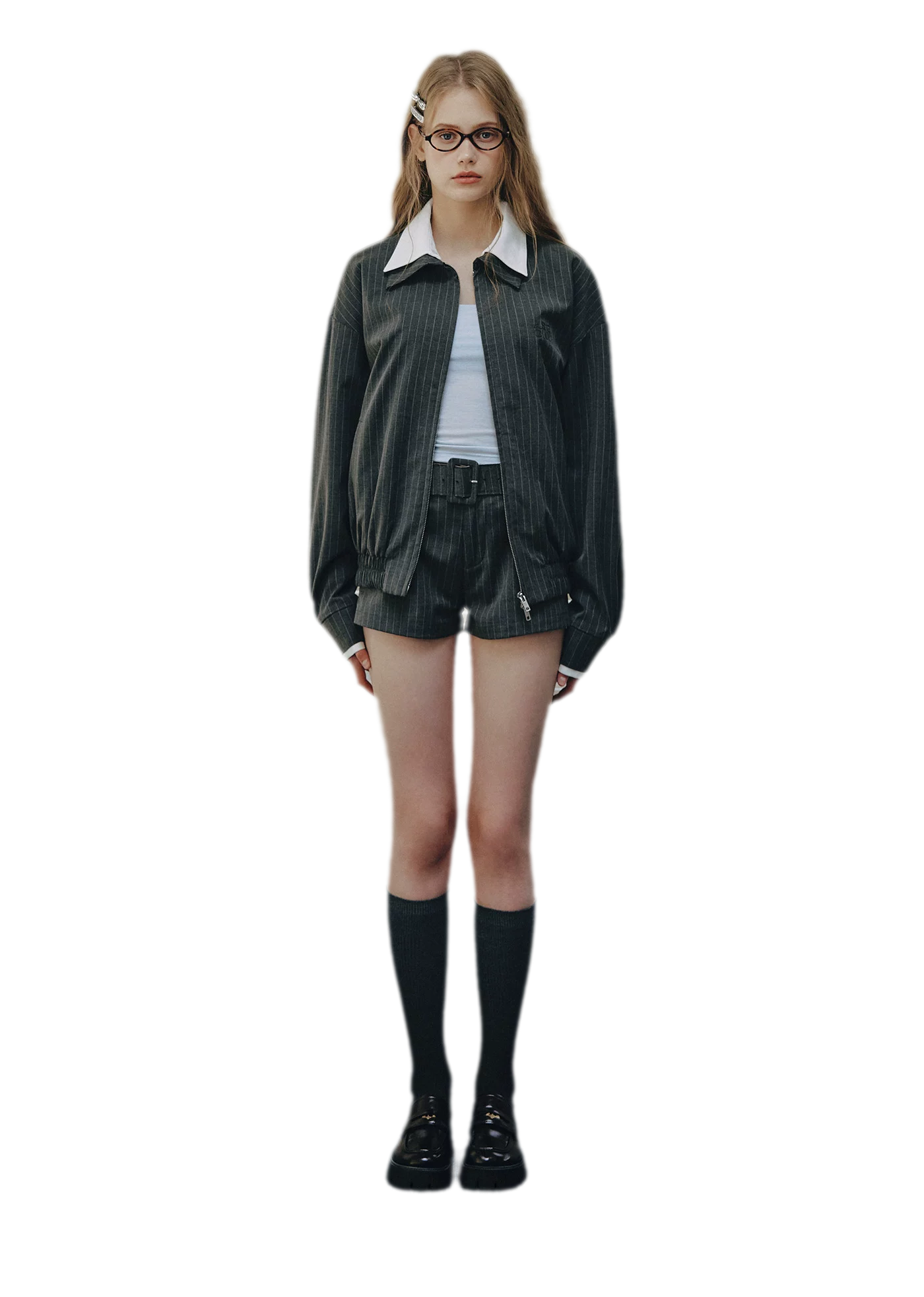 Pinstripe Belted Jacket Shorts Set