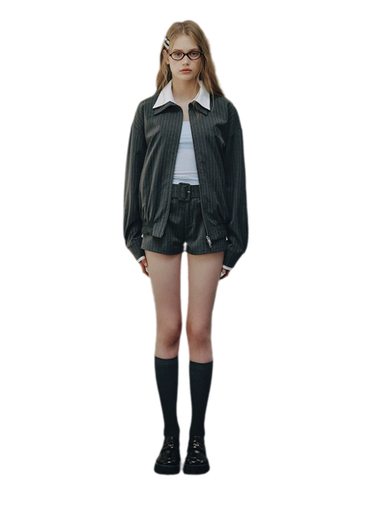 Pinstripe Belted Jacket Shorts Set