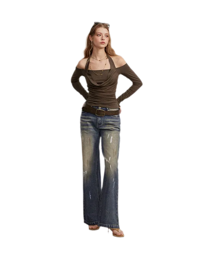 Washed Paint-Splatter Wide-Leg Jeans