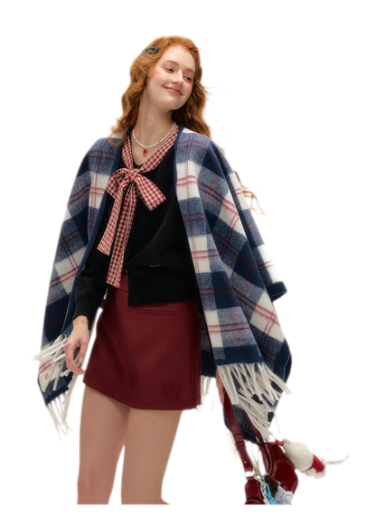 Vintage Plaid Fringed Shawl