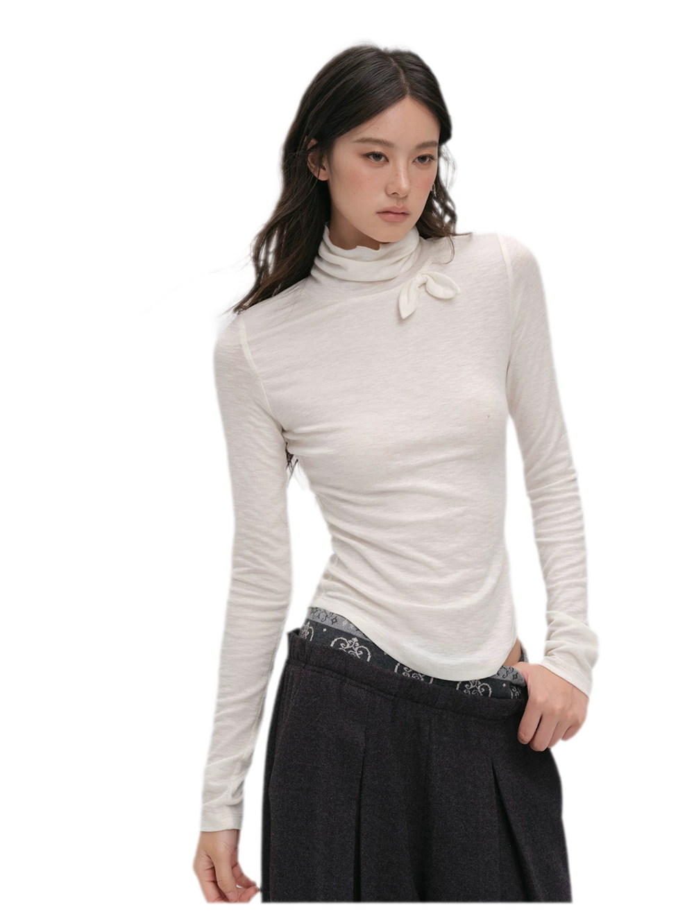 Lyocell Bow High-Neck T-Shirt