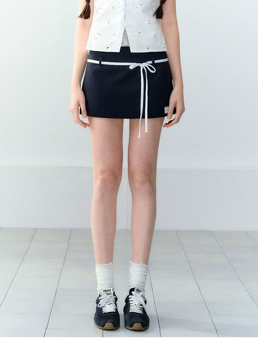 Korean Style Color-Block Tie Waist Shorts Skirt