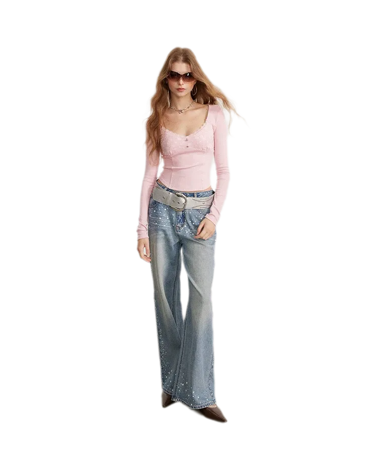 Rhinestone Pearl Wide-Leg Jeans