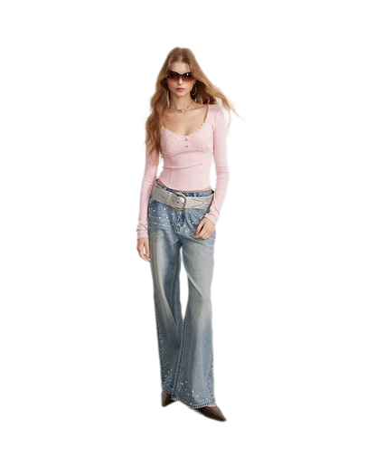 Rhinestone Pearl Wide-Leg Jeans