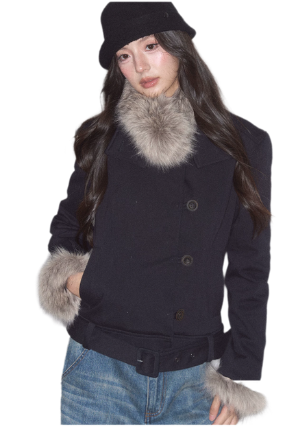 Detachable Fur Collar Twill Coat