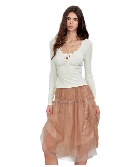 Layered Mesh Ruffle Midi Skirt