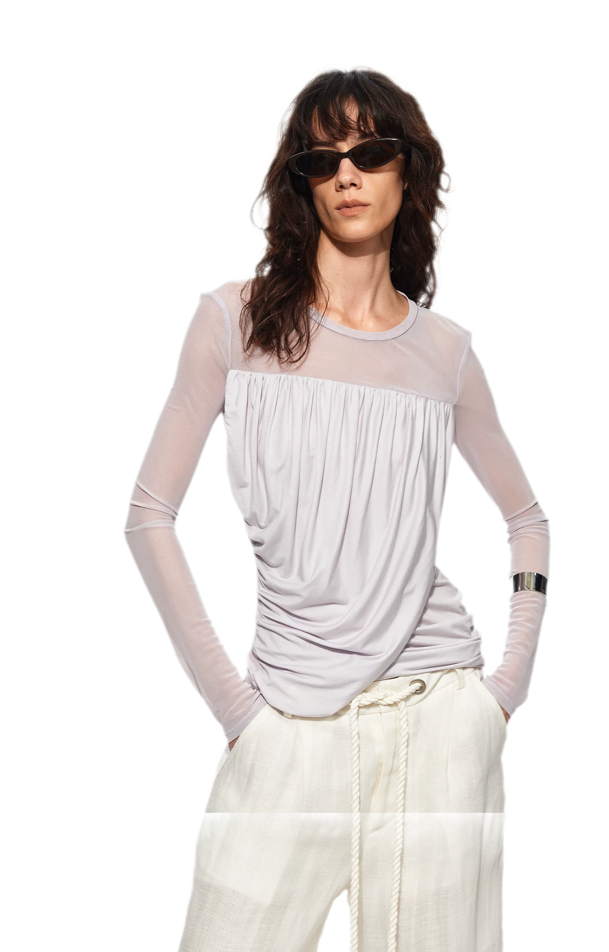 Draped Mesh Long Sleeve Tee