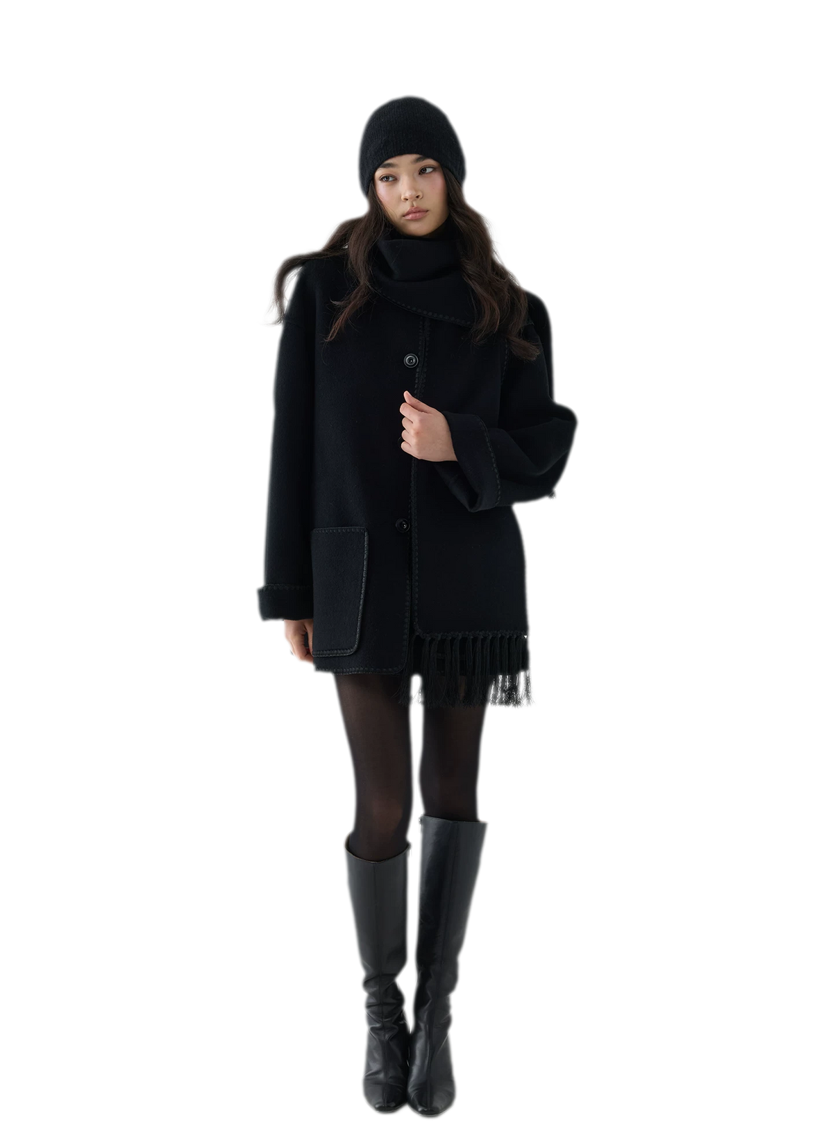 Double-Faced Wool Fringe Cape Coat