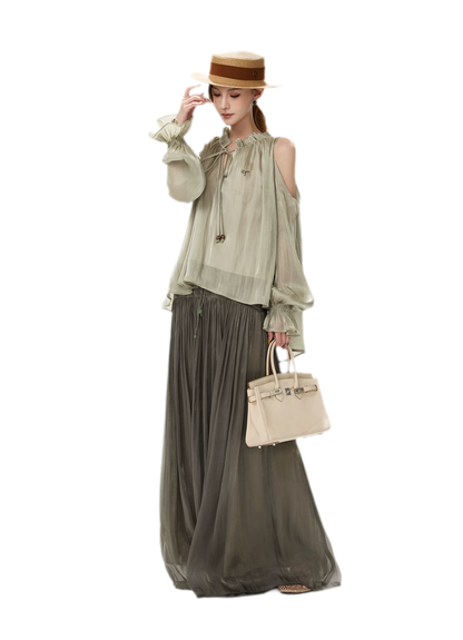 Shimmering Ruffle Cold-Shoulder Blouse