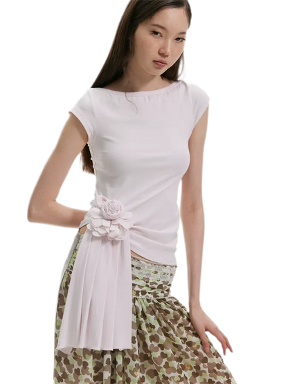 Asymmetric Flower Short Sleeve Top