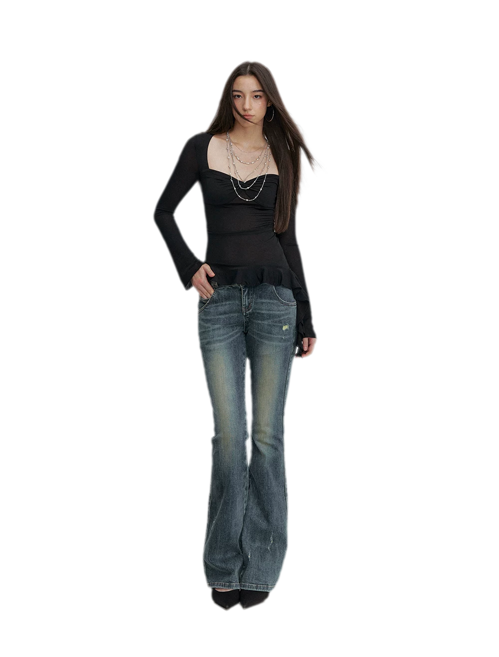 Washed Whisker Flared Jeans