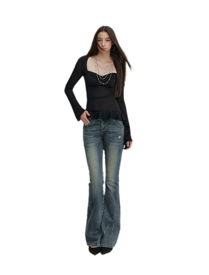 Washed Whisker Flared Jeans
