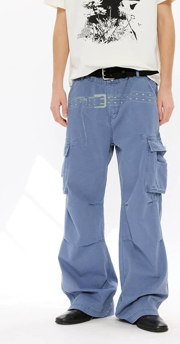 Washed Distressed Wide-Leg Cargo Pants